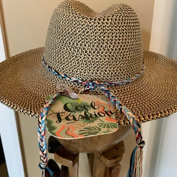 NWT COOL FASHION Brand Brown and tan adjustable hat w turquoise multi stone band - Picture 6 of 11